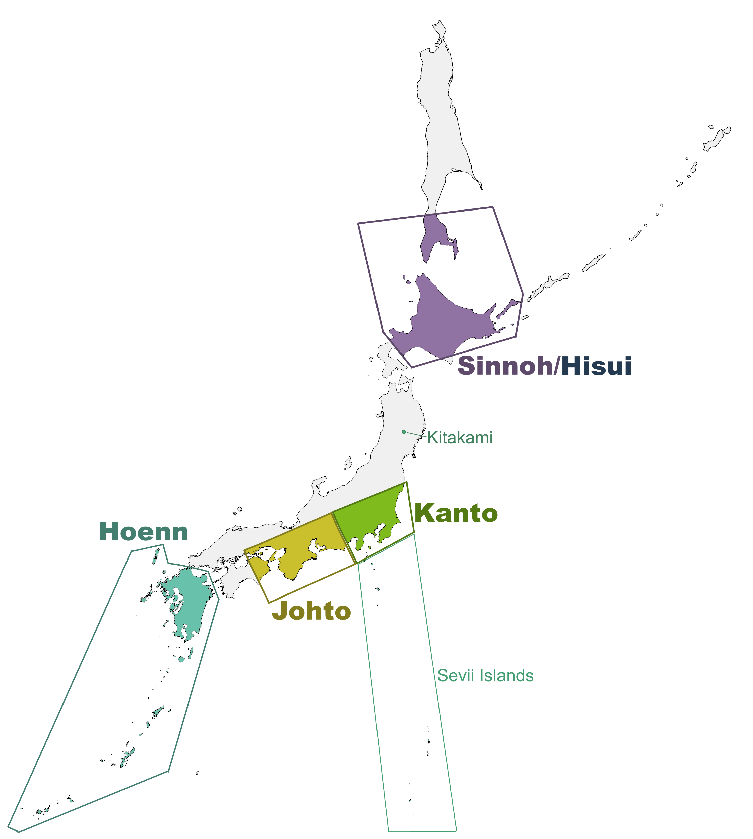 Pokémon regions in relation to Japan